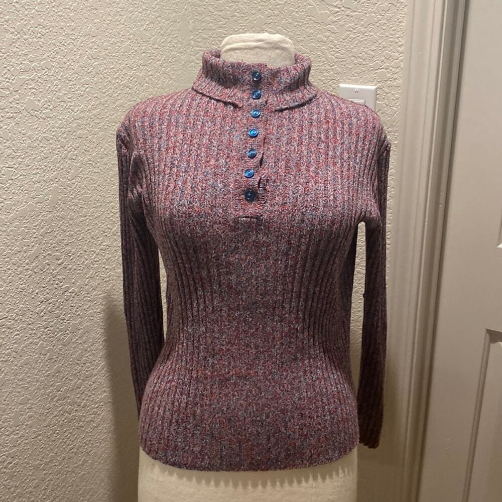 Vintage Montgomery Ward Colorful Knitted Mock Neck Sweater w/ Buttons Sz XL